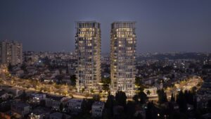 הדמיה אדריכלית לילית של שני מגדלי מגורים יוקרתיים בירושלים, עם תאורת פנים חמה ונוף עירוני מסביב Nighttime architectural rendering of two luxury residential towers in Jerusalem, featuring warm interior lighting and surrounding urban landscape