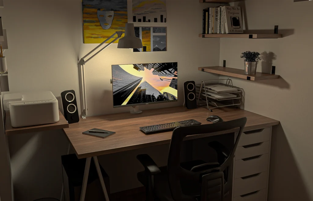 a desk with a computer and a lamp