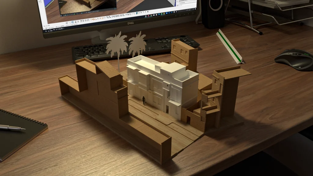 Visualization of a model of a building on a table הדמיה של דגם של בניין על שולחן